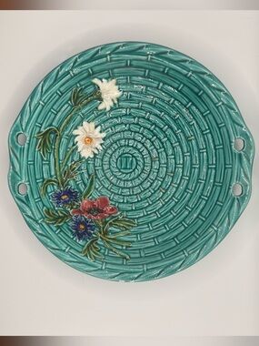 Vintage SMF Schramberg Majolica Floral Wall Plate Turquoise Basketweave – German